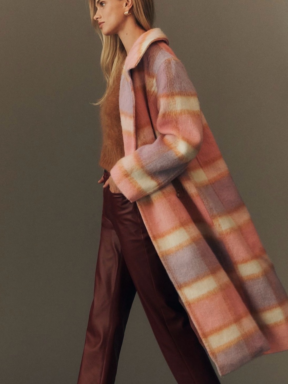 Anthropologie Maeve Pastel Plaid Long Faux Fur Peacoat Winter Coat - Large - Picture 4 of 9